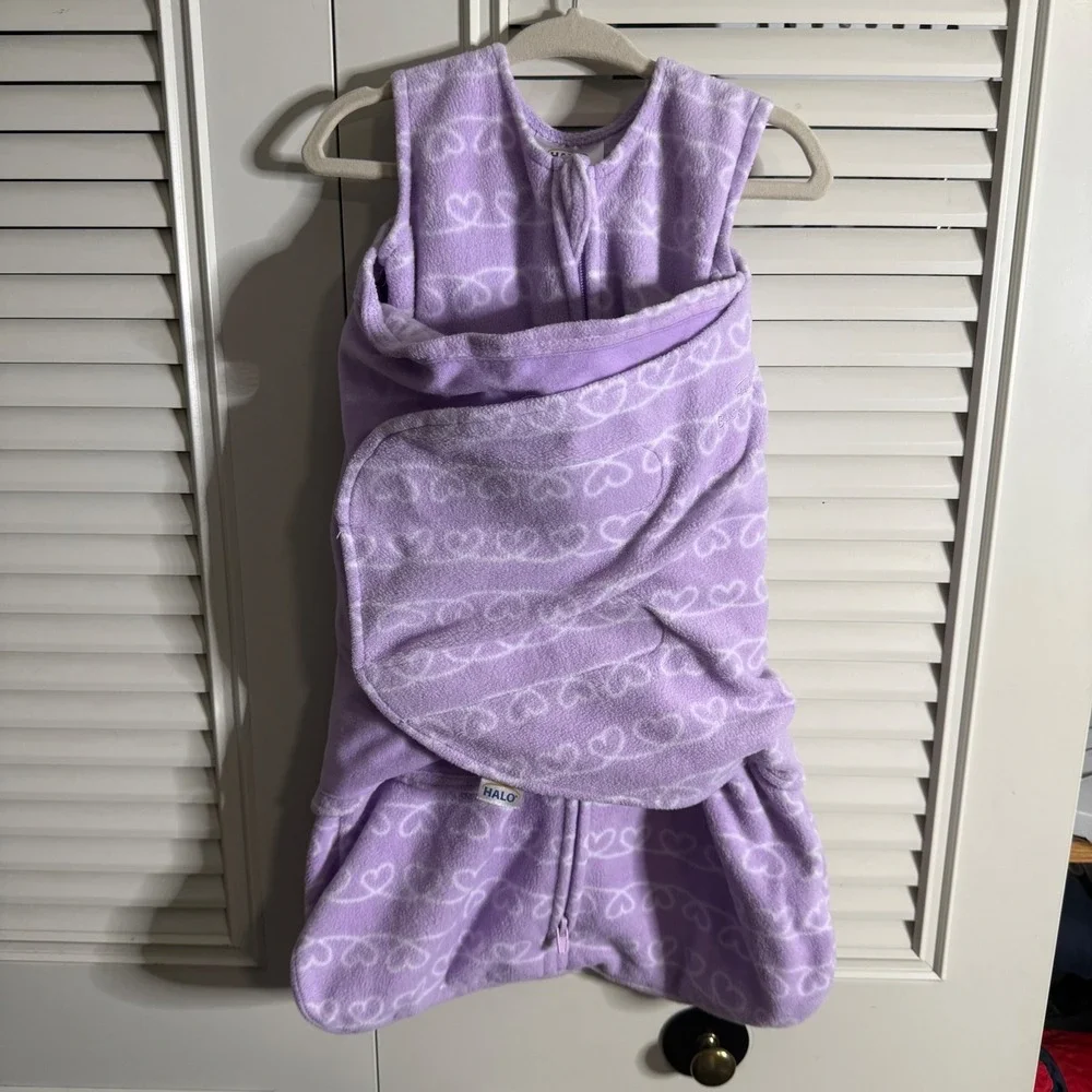 Halo SleepSack Swaddle Newborn Purple Fleece Hearts Wearable Blanket NB 0-3M